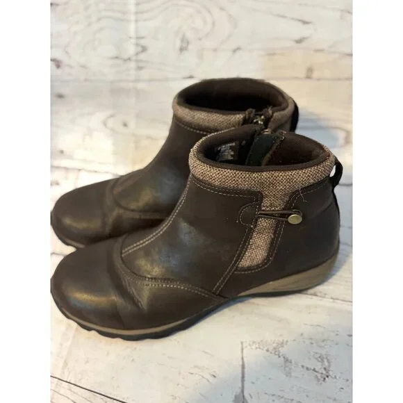 Eastland Brown Leather Zip Chic Ankle Boots Fabric Trim Size Women’s 11M - Picture 2 of 10